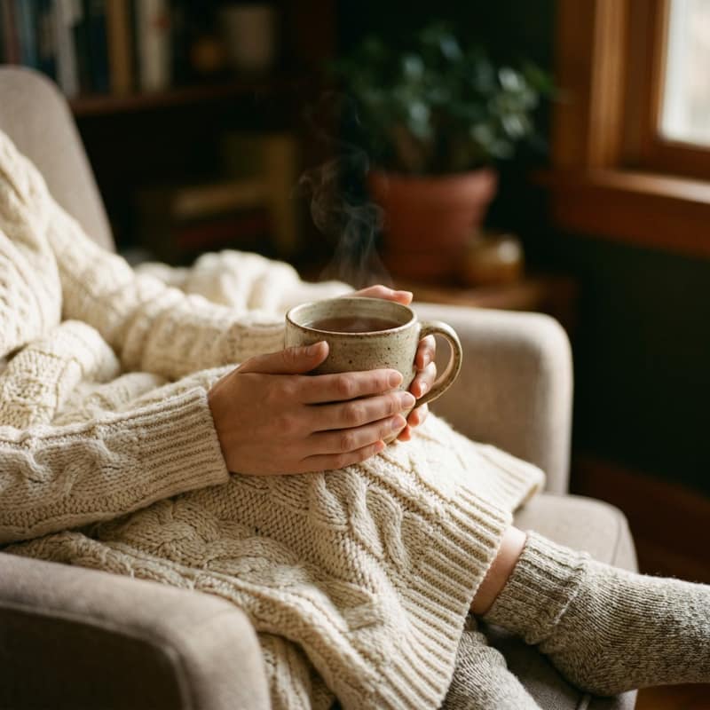 Person sitting in a soft sweater holding a warm mug of tea